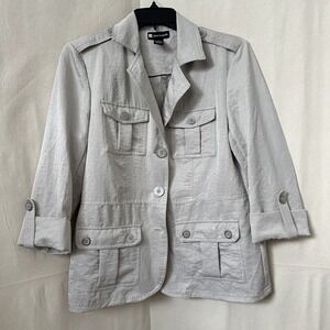 Valerie Bertinelli Women Khaki Utility Jacket M Buttons Roll Tab L/S Safari READ